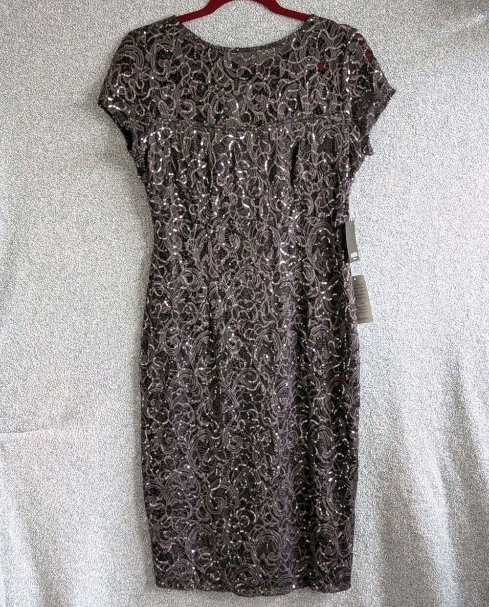 Marina Women's Size Med Gunmetal Sequin Lace Cap Sleeve Sheath Cocktail Dress